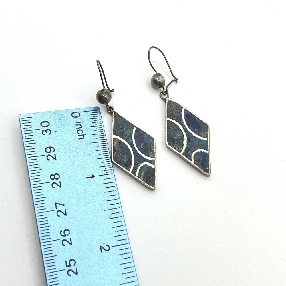 Vintage‎ Mexican Sterling Silver Azurite Malachite Inlay Diamond Drop Earrings